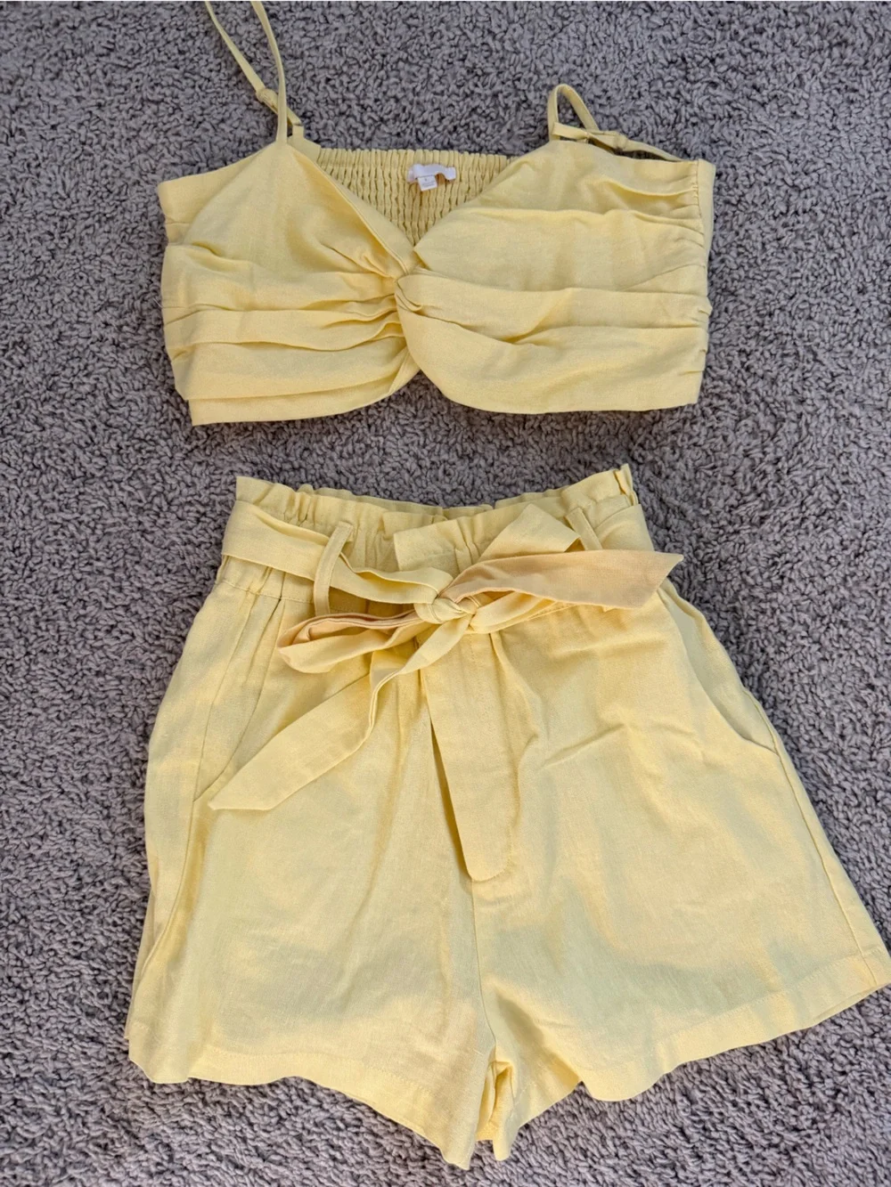 Yellow Two-Piece Set with Bandeau & Tie-Waist Shorts